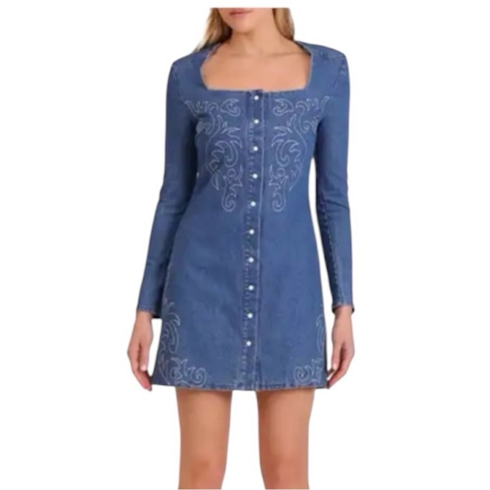 Avec Les Filles Denim Dress Size 6 Blue Long Sleeve Western Style Embroidery NWT